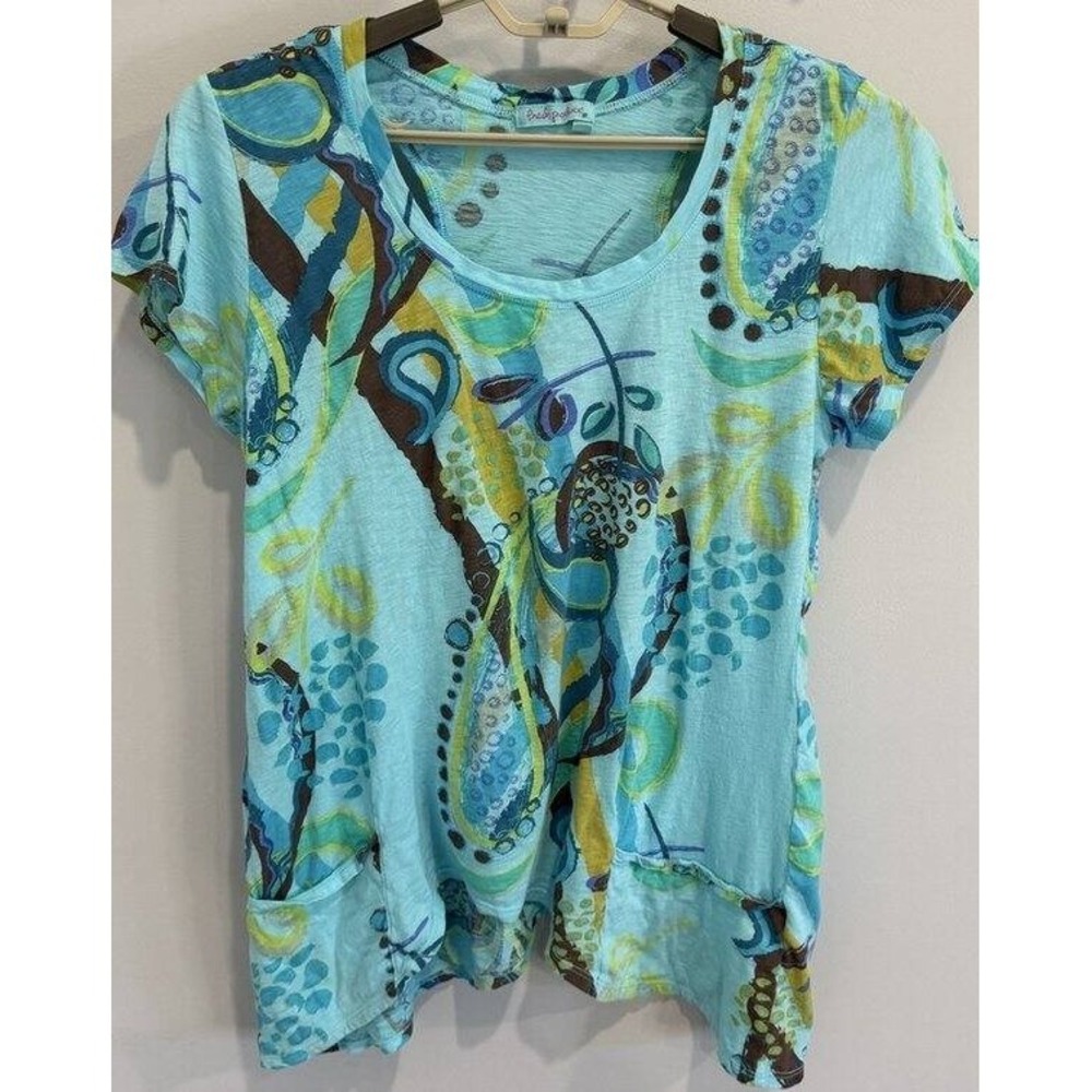 Fresh Produce Tunic Shirt Shoulder Cutout Sharkbite Pockets Blue Print L